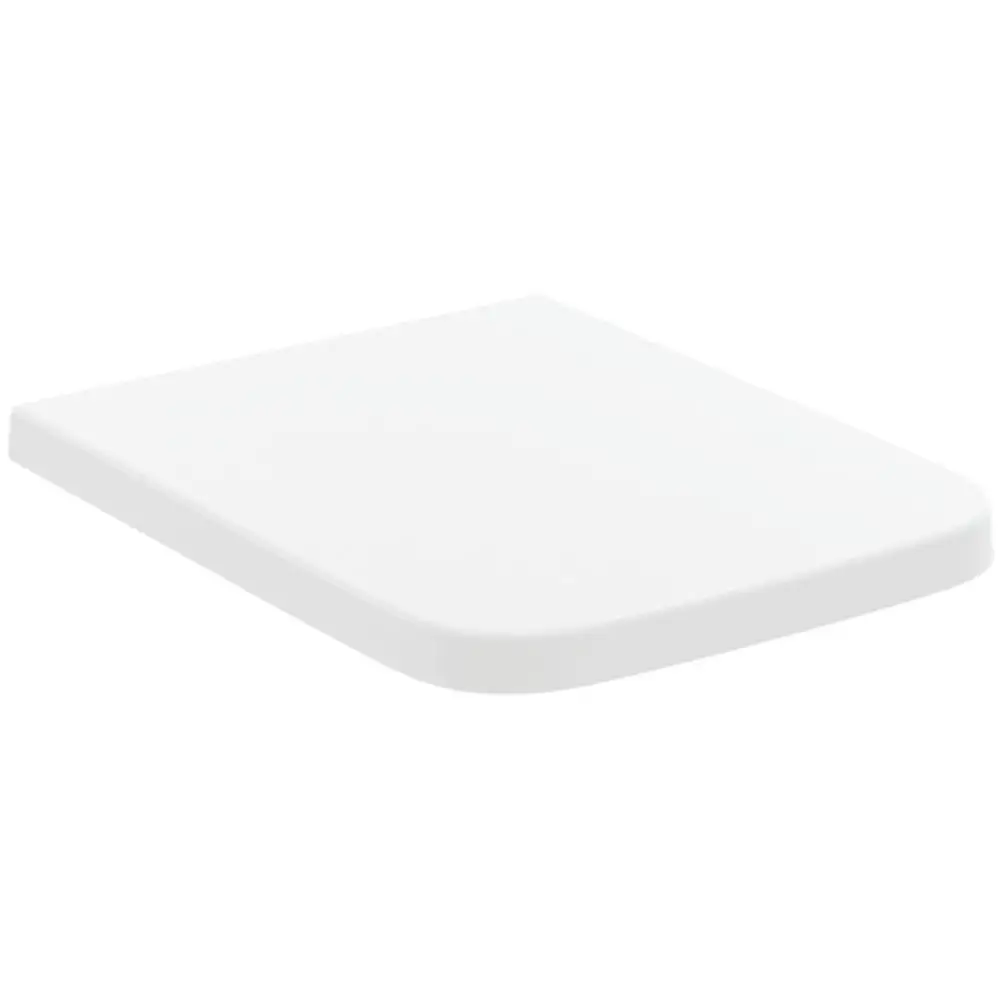 Weißer WC-Sitz von Ideal Standard, flache Form mit abgerundeten Ecken, auf hellen Hintergrund.